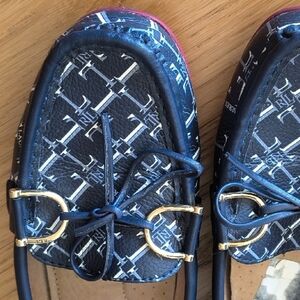 Ralph Lauren Navy Monogram Driving Loafers with Gold Hardware